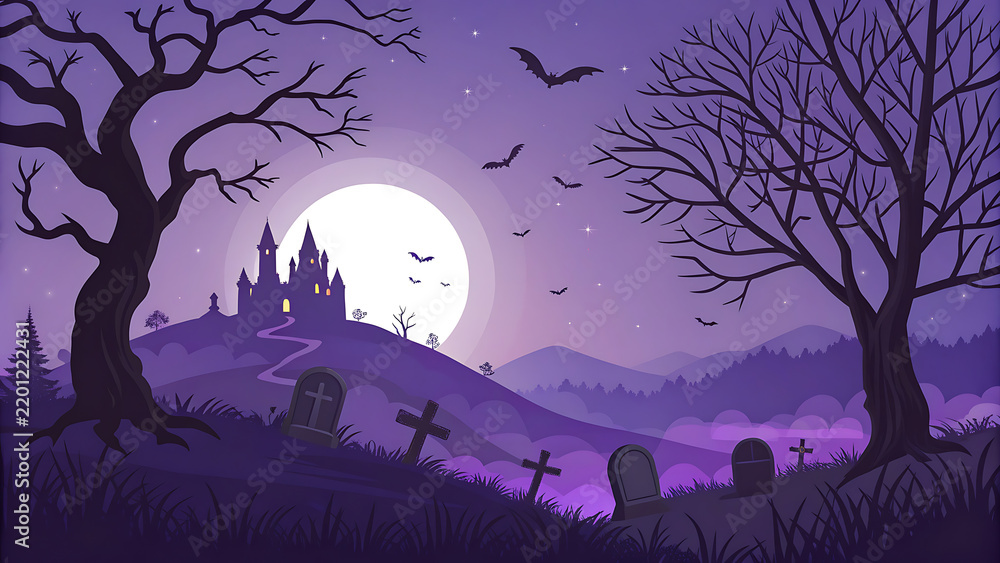 Fototapeta premium Spooky Halloween Night Landscape with Haunted Castle, Full Moon, and Graveyard Vector Illustration