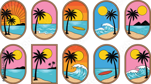 Retro beach badge vector illustration set. Features tropical palm trees, ocean waves, surfboards, and sunset scenes in oval frames. Vintage surf patches for apparel design and travel branding.