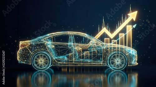 An upward trending arrow and digital wireframe car highlighting the growth of the automotive industry.