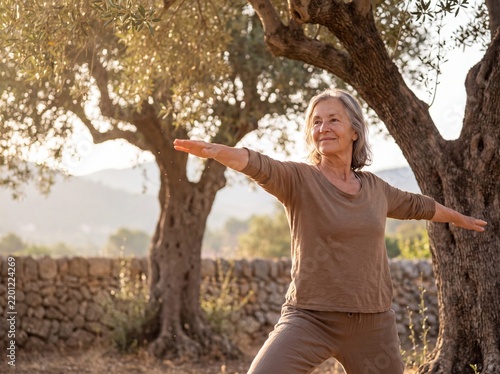 Senior Woman Practicing Yoga Outdoors Beneath Olive Trees at Sunrise
