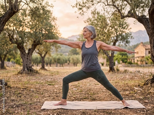 Senior Woman Practicing Yoga Outdoors Beneath Olive Trees at Sunrise