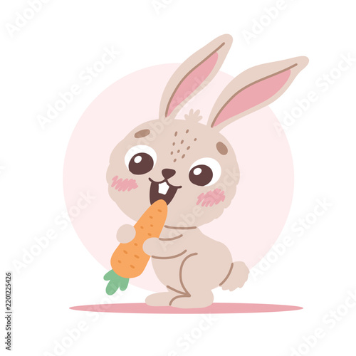 Cute funny rabbit illustration eating a carrot. Hand drawn vector children character