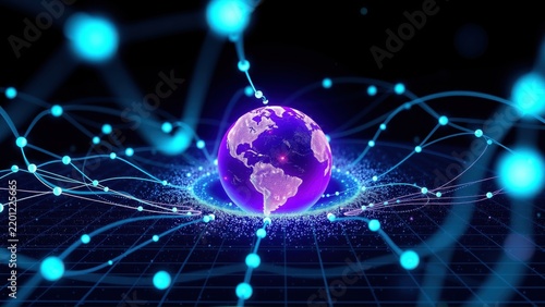 Glowing earth surrounded by network connections. Digital world, data streams, futuristic concept. Bright blue lines radiate outward.