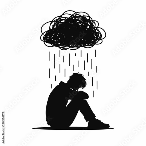 Silhouette of depressed person sitting under tangled rain cloud vector illustration on white background