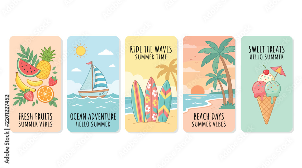 Fototapeta premium Summer vertical mobile banners vector set featuring fresh fruits, sailboat, surfboards, beach sunset, ice cream, and design assets