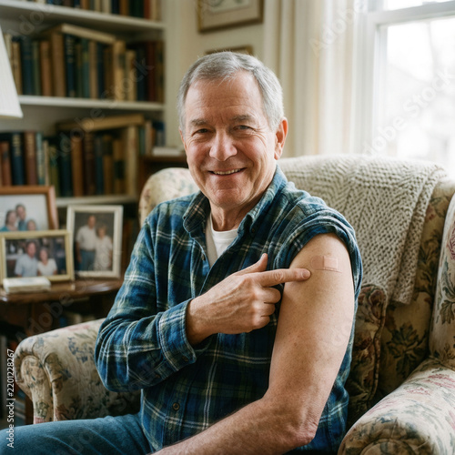 Elderly Man Smiling Proudly After Receiving Vaccination In Comfortable Home Setting