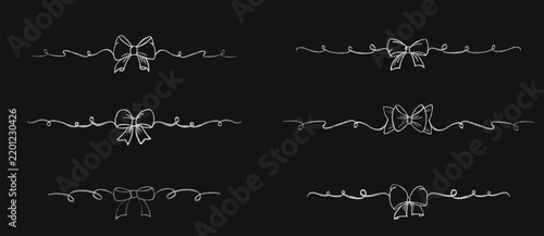 Chalk coquette bow on ribbon set. Hand drawn vector illustration isolated on black chalkboard background for design template wedding, Birthday, Christmas decoration or discount, sale.