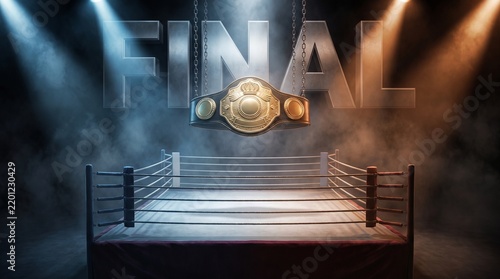 Championship boxing ring with hanging title belt and final text in dramatic arena