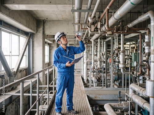 Obraz w ramie 工場で配管設備を懐中電灯で点検する男性作業員