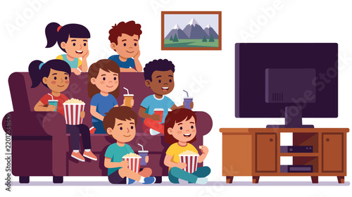 Children sitting on sofa watching television while eating popcorn snacks.
