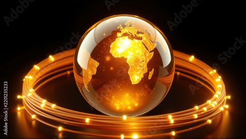 Glowing earth inside glass sphere. Orange light radiates, encircling planet with bright ring. Dark background emphasizes luminosity.