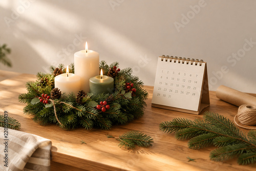 Wrapping table with wreath and calendar, holiday preparation and advent concept