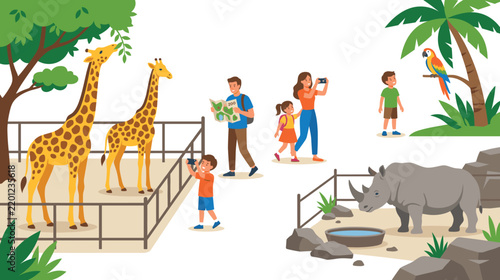 Families visiting zoo with giraffes rhinoceros and parrot for educational travel.