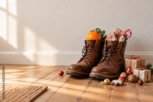 Brown leather boots with gifts and candy, St Nicholas Day winter tradition concept