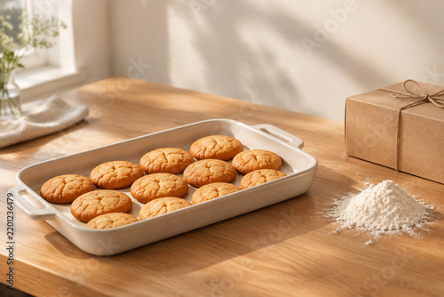 Cookies on baking tray with flour and gift box, homemade bakery gift concept