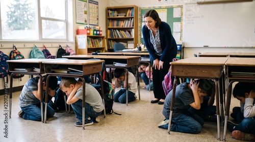 Schoolchild ducking under desk during earthquake safety drill