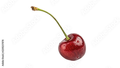 Single fresh ripe red cherry with stem on transparent background