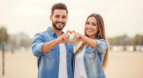 Happy Young Couple Making Heart Shape Sign with Their Hands