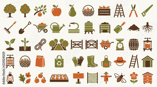 Autumn Harvest Orchard Gardening Apple Picking Farming Equipment Flat Vector Icon Set Isolated on Cream Background