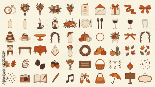 Autumn Wedding Rustic Celebration Event Planner Decor Floral Flat Vector Icon Set Isolated on Cream Background