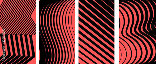 Abstract Red and Black Halftone Pattern Banners Optical Distortion Wavy Lines Diagonal Stripes Chevron Vector Background Set