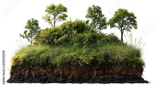Small grassy hill section with trees and exposed soil layers