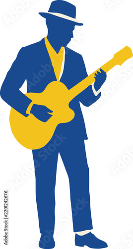 Man playing guitar illustration, male musician performing with musical instrument, acoustic guitar character art for music poster and web design.