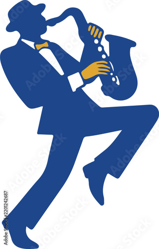 Man playing saxophone illustration, soulful jazz musician performing musical instrument, artistic male saxophonist character, vector art for jazz club poster and music background design.
