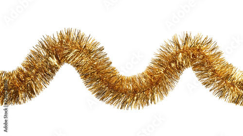 Shiny golden tinsel garland arranged in a wavy line