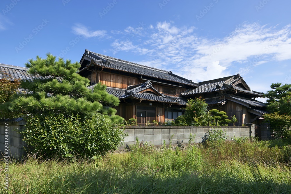 Fototapeta premium 青空広がる伝統的な日本家屋と美しい庭木が織りなす風景