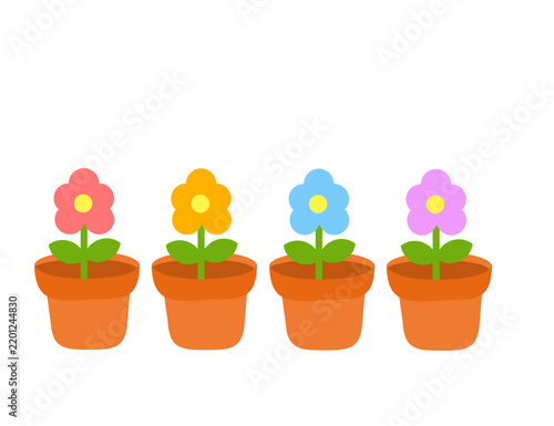 Colorful flowers in pots.Spring outdoor gardening potted plants.Potted Bloom.Cute Pot Plant.Graphic design.Decorative natural elements for home.Sign, symbol, icon and logo.Cartoon vector illustration.