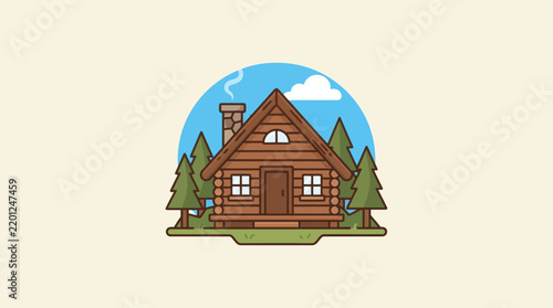 Cozy Cartoon Log Cabin with Trees.
