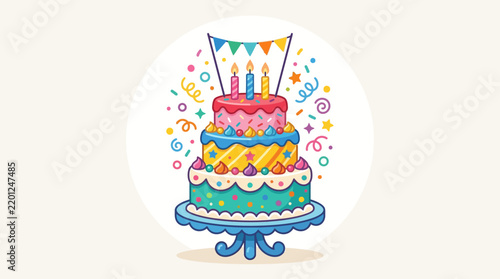 Colorful Three Tier Birthday Cake Illustration.