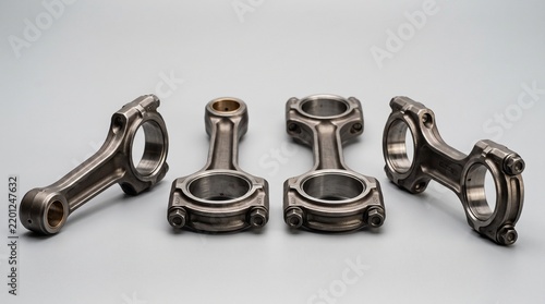 Precision-machined steel connecting rods displayed in isolated studio setup with clean white background