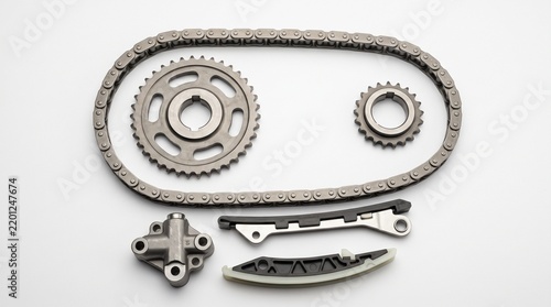 Timing chain and tensioner assembly with tensioner guide and sprocket on clean white background