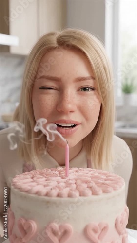 3D Cute Girl Decorating Birthday Cake with Cream Hearts, Placing Pink Candle and Blowing It Out