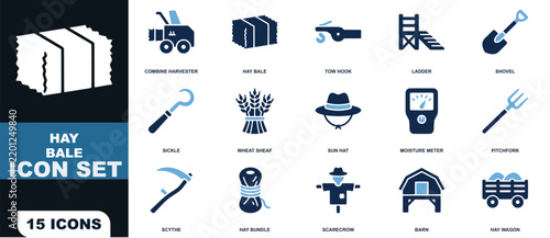 Collection of fifteen blue and dark blue hay bale farming on a plain white background