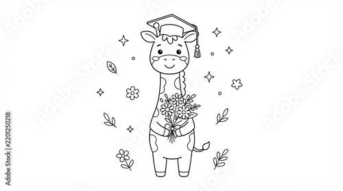 Cute cartoon giraffe wearing a graduation cap and holding a bouquet of flowers