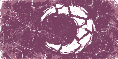 Fotografie Shattered Celestial Body An abstract, grunge-style illustration depicts a broken crescent moon with a cracked, fragmented surface against a textured, distressed backdrop of deep purple hues