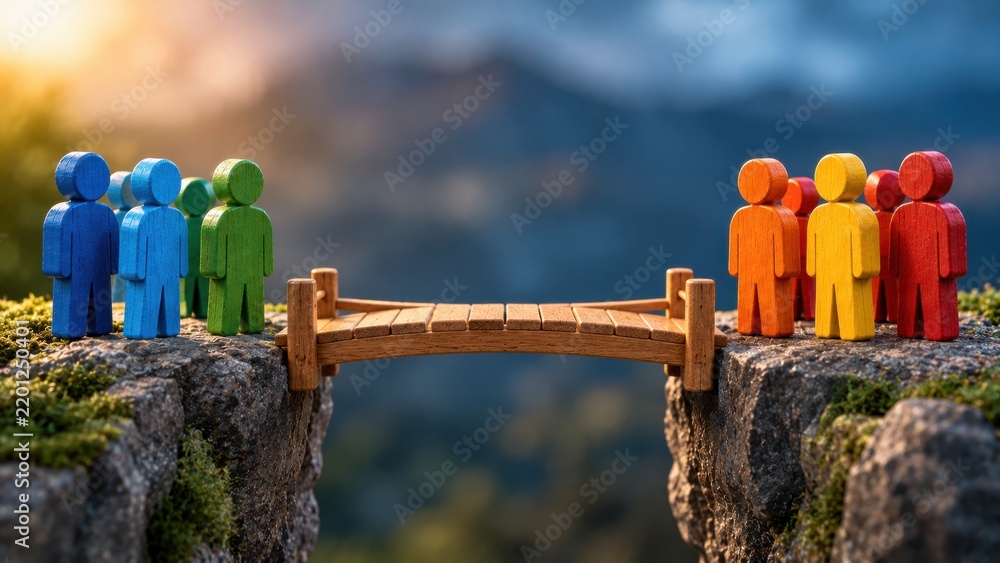 Obraz premium Colorful wooden peg figures on rocky cliff bridge connecting blue and orange groups symbolizes communication.