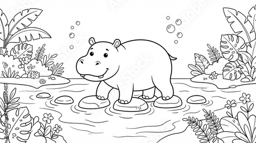 Cute cartoon hippo walking on stones in a tropical river coloring page