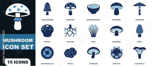 Set of fifteen blue and dark blue mushroom featuring various fungi and mycelium species
