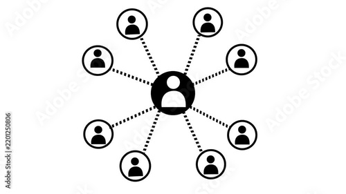 Motion graphic icon displaying a global community network node structure chart connecting multiple points around a single human avatar motion video