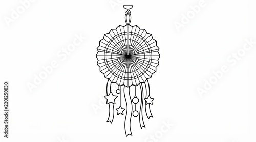 Black and white line art drawing of a decorative hanging paper fan