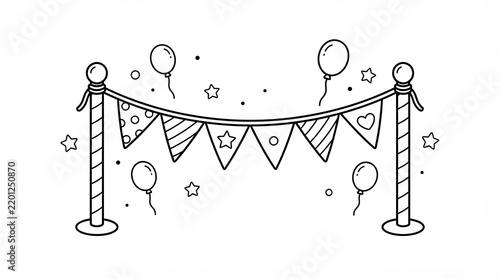Hand drawn party bunting flags with balloons and stanchions