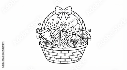 Gift basket with party items for a festive celebration coloring page