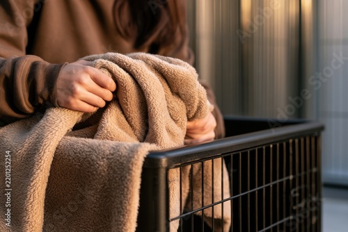 Person holding a tan blanket near a wire pet crate during evening light. National Animal Shelter Appreciation Week