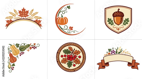Autumn harvest vector badge and banner set decorated with colorful fall leaves pumpkins acorns and decorative flourishes.