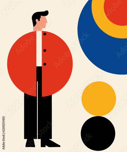 Minimalist vector illustration of a stylish man surrounded by abstract geometric shapes