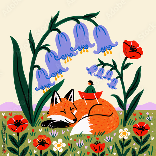 Whimsical Illustration of a Sleeping Red Fox Resting Beneath Blooming Bluebells in a Flower Field